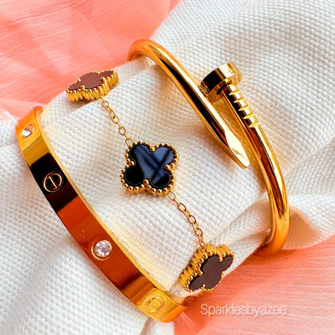 Set of 3 Bracelet Nail- Cartier- Black Clover (18K Gold Plated)